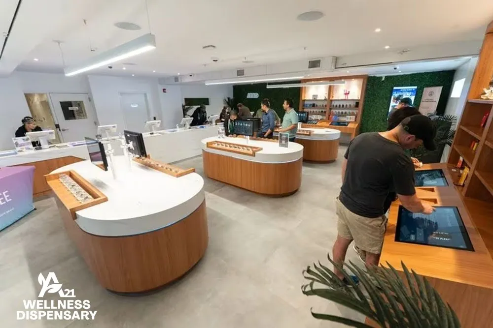 Smart-tech menus inside A21 Wellness Dispensary