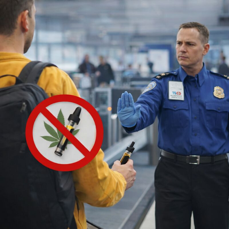 Airport security stopping traveler with a marijuana vape