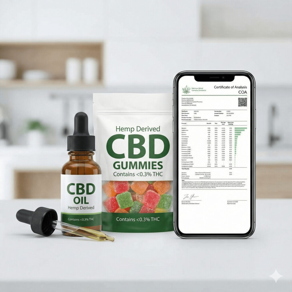 Hemp-derived CBD product with a label showing '<0.3% THC' next to a phone displaying a lab report