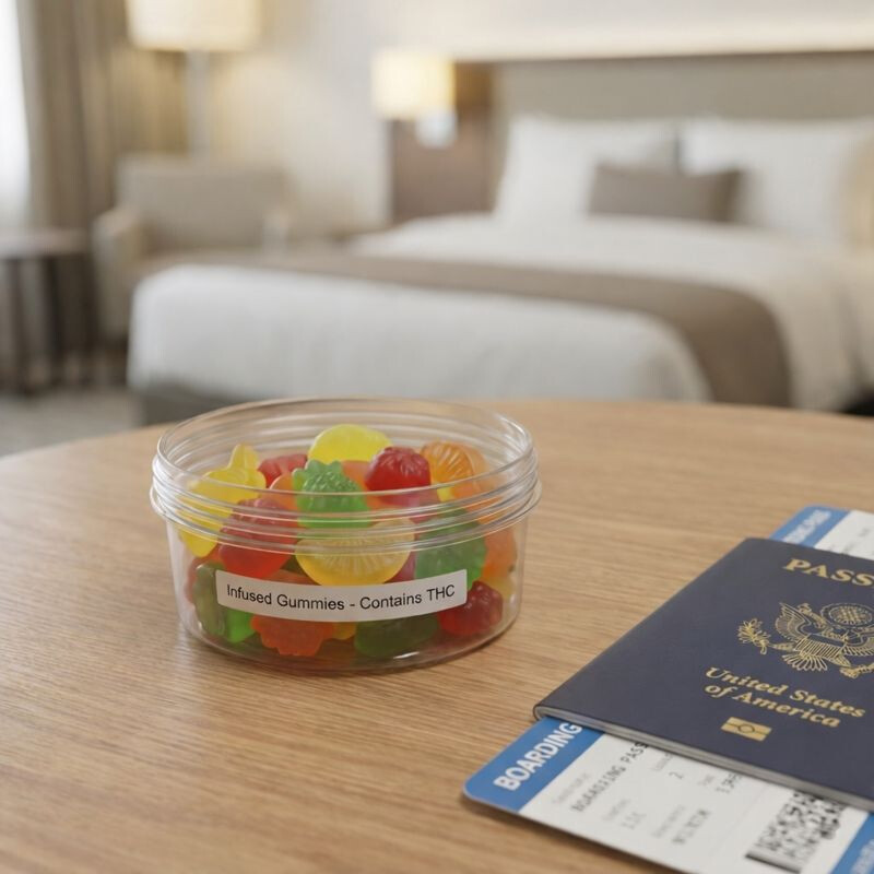Cannabis gummies on a hotel table beside a passport