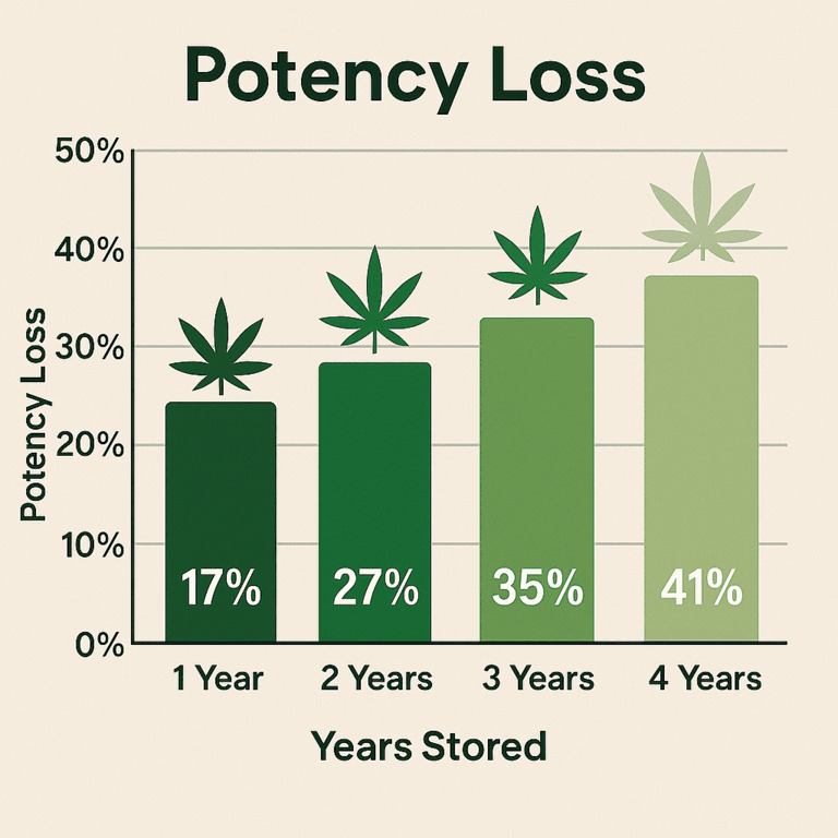 Bar chart showing cannabis potency loss over 1 to 4 years of storage.