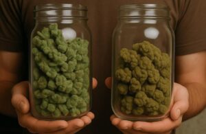 A person holds two mason jars filled with cannabis buds; the jar on the left contains vibrant green buds, while the right holds darker, older-looking buds.
