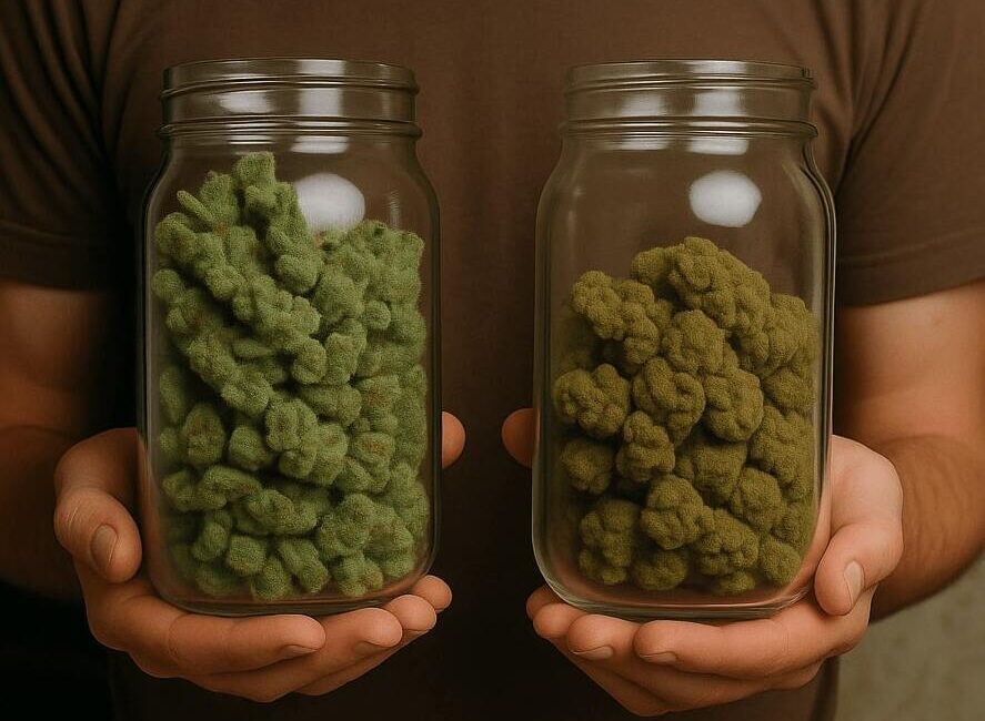 A person holds two mason jars filled with cannabis buds; the jar on the left contains vibrant green buds, while the right holds darker, older-looking buds.