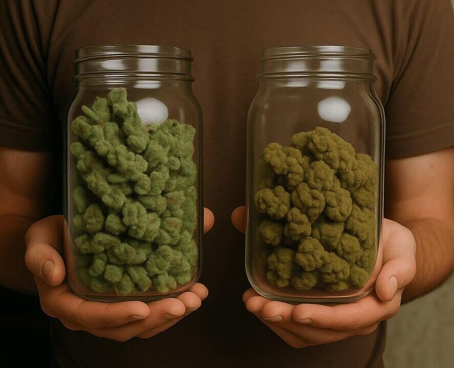 A person holds two mason jars filled with cannabis buds; the jar on the left contains vibrant green buds, while the right holds darker, older-looking buds.