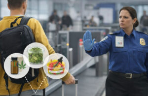 Airport security stopping traveler carrying cannabis products