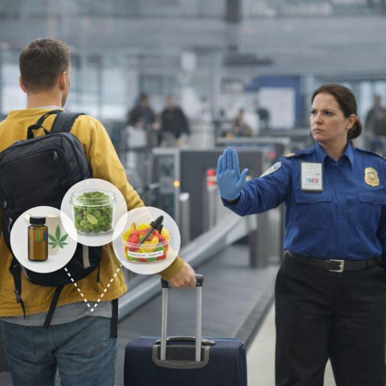 Airport security stopping traveler carrying cannabis products
