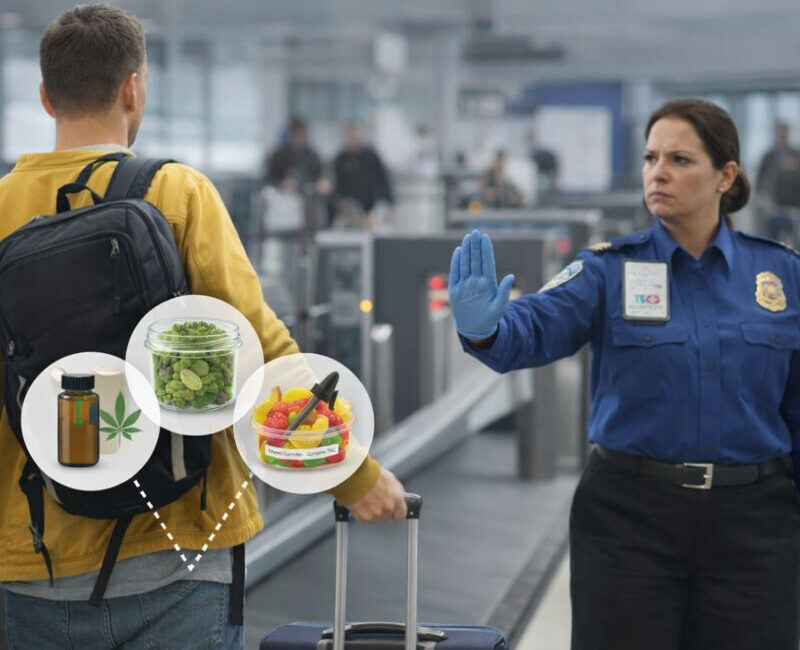 Can You Fly With Marijuana Can You Bring Edibles On A Plane 2026 Guide Airport security stopping traveler carrying cannabis products