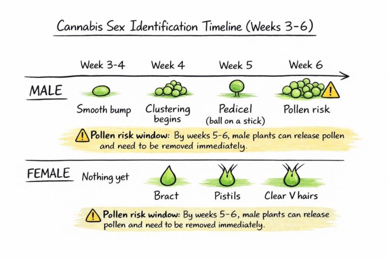 Illustrated timeline of male and female cannabis pre-flowers