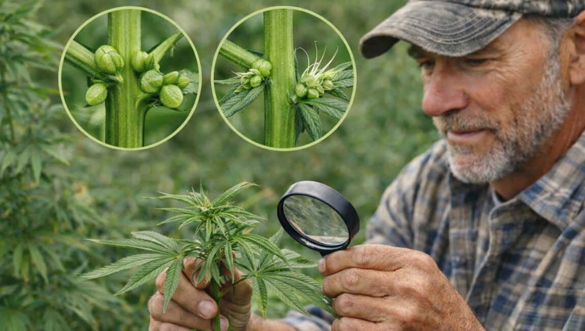 Early Signs Of Male Plant Vs. Early Signs Of Female Plant Marijuana Growing Tips Cannabis grower checking plant nodes for early sex identification.