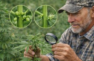 Cannabis grower checking plant nodes for early sex identification.