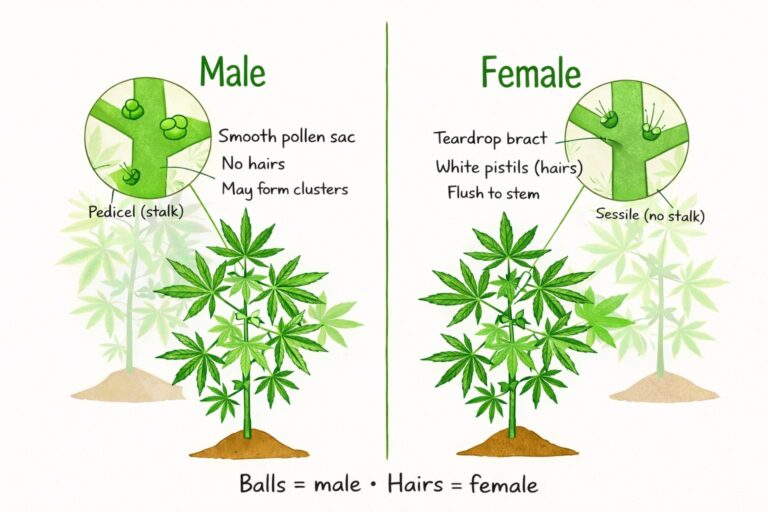 Illustrated timeline of male and female cannabis pre-flowers