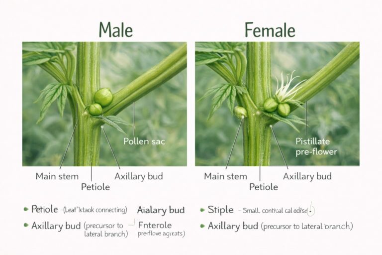Visual guide showing key features of a female cannabis plant, including white pistils and developing buds.